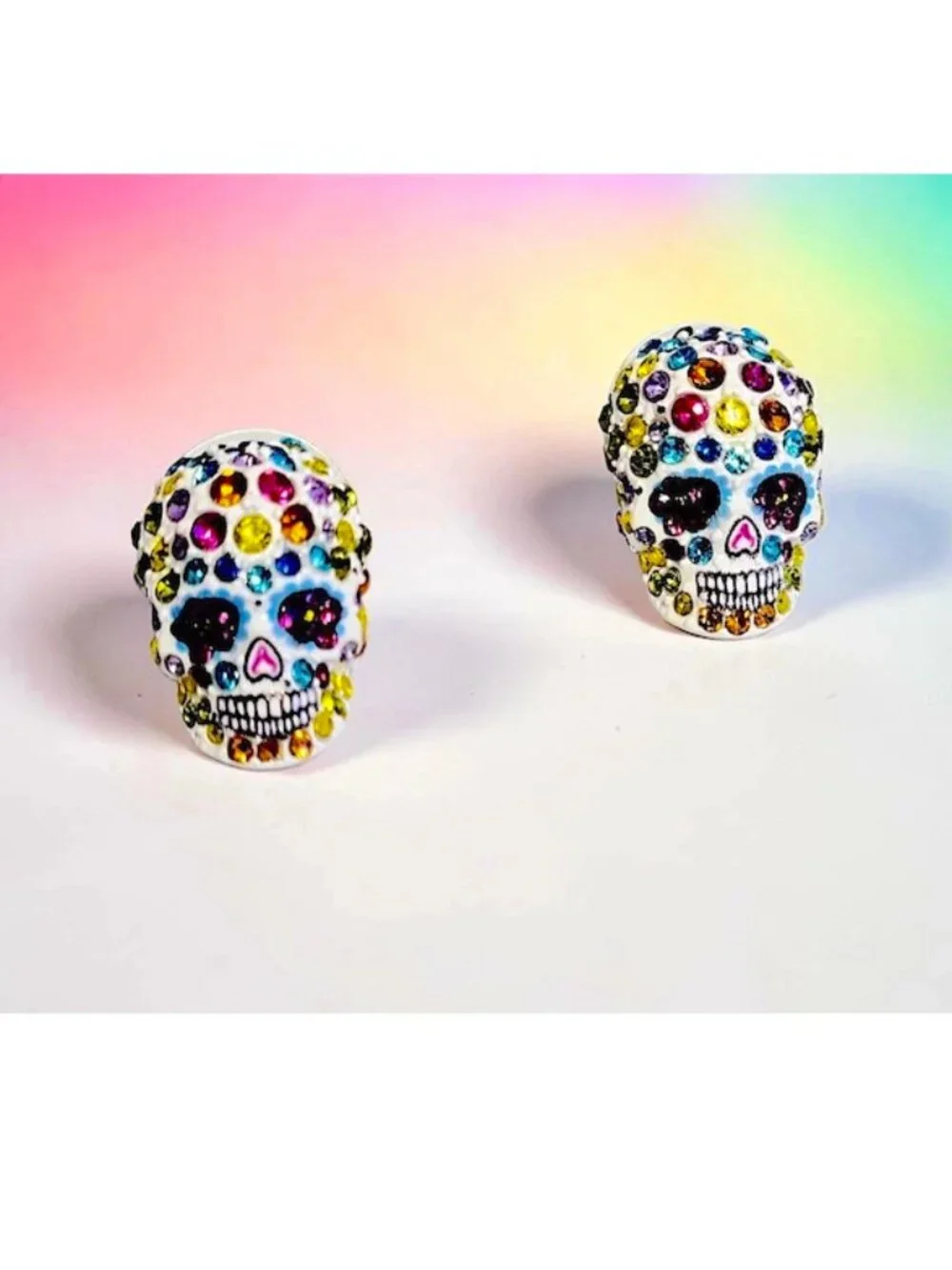 Betsey Johnson Sugar Skull Stud Earring Colorful Pave Crystal Dia De Los Muertos